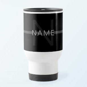 Mug De Voyage Monogramme gris foncé, nom et rayure géométrique