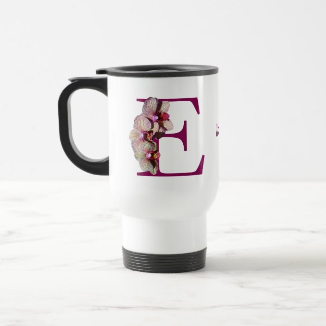 Mug De Voyage Monogramme Initial Élégant Orchidée E Personnalisé (Gauche)