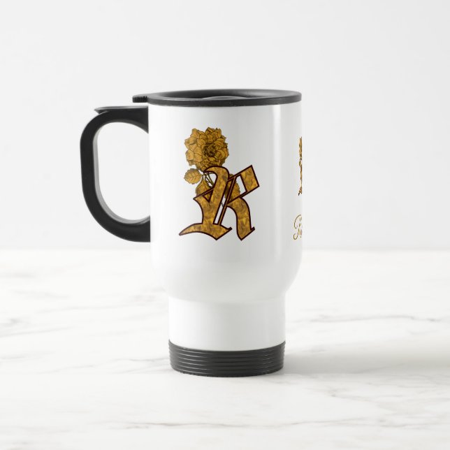 Mug De Voyage Monogramme Initiale R Élégant Péonie Dorée Personn (Gauche)