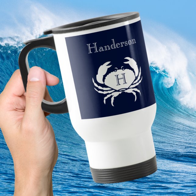 Mug De Voyage Monogramme Marine Bleu Crabe Blanc Nautique (Créateur téléchargé)