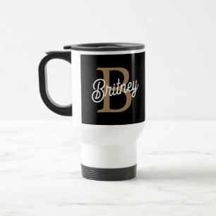 Mug De Voyage Monogramme moderne élégant Nom Black Gold Script