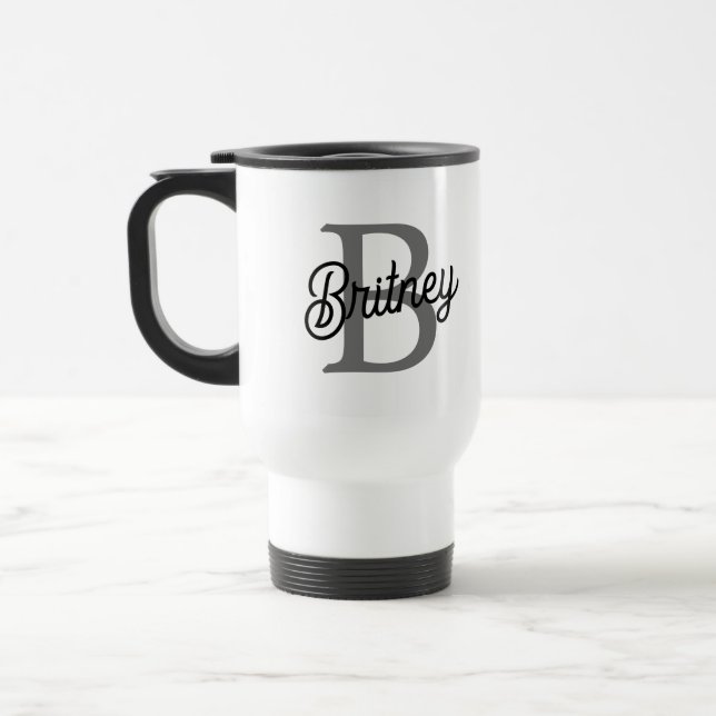 Mug De Voyage Monogramme moderne élégant Nom noir Gris noir Scri (Gauche)