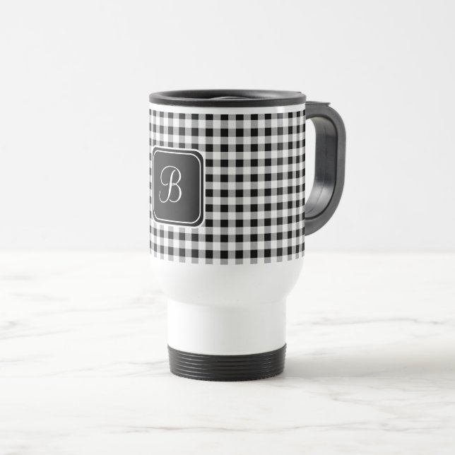 Mug De Voyage Monogramme noir, Buffalo Check en acier inoxydable (Devant droit)