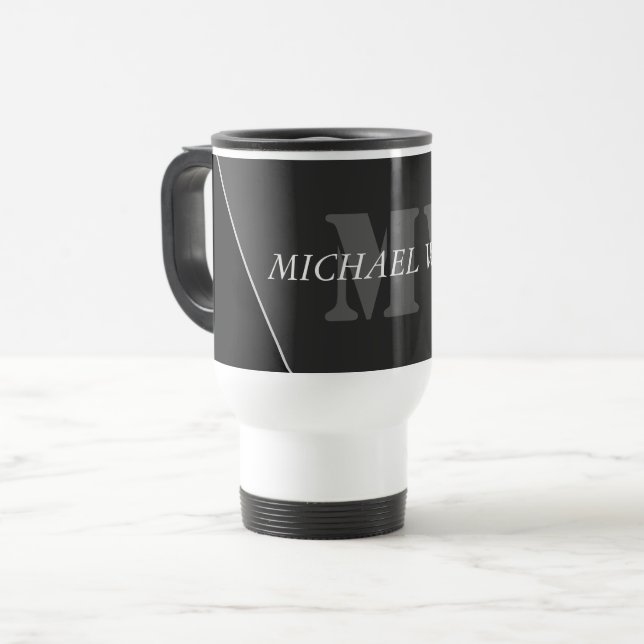 Mug De Voyage Monogramme noir gris artistique moderne (Devant gauche)
