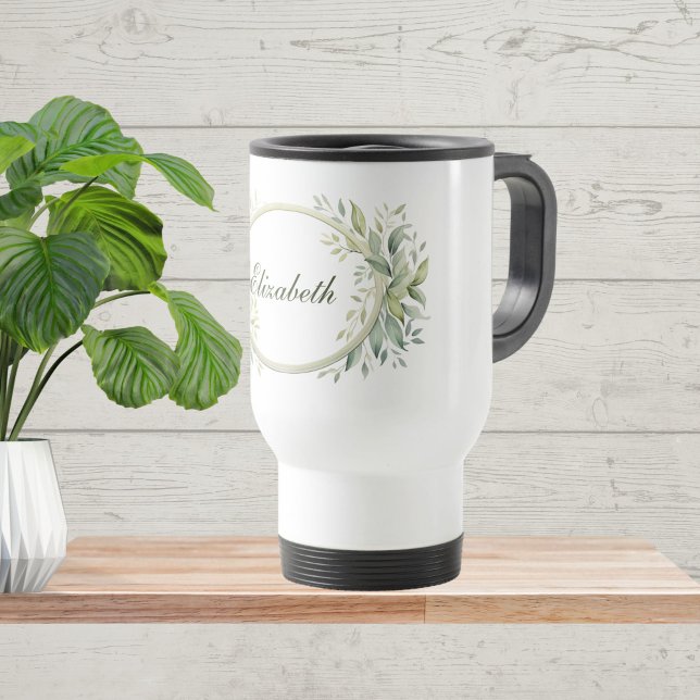 Mug De Voyage Monogramme personnalisé botanique vert sauge  (Monogram Personalized Sage Green Botanical Greenery Travel Mug. Gift for her, Bridesmaid)