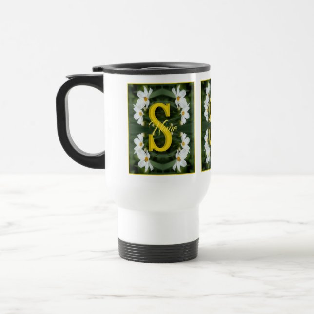 Mug De Voyage Monogramme personnalisé initial nom Art Daisy blan (Gauche)
