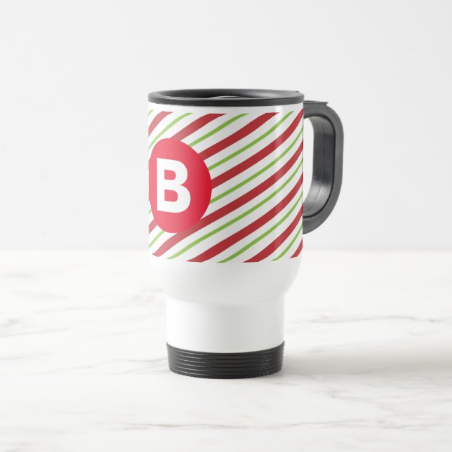 Mug De Voyage Monogramme rayures diagonales rouges et vertes (Devant droit)