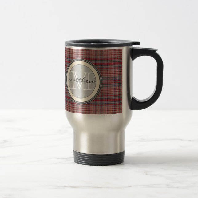 Mug De Voyage Monogramme rouge d'arrière - plan de plaid (Droit)