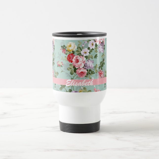 Mug De Voyage Monogramme rouge-rose Girly élégant de roses (Centre)