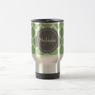 Mug De Voyage Monogramme Sage Green & Grey Quatrefoil