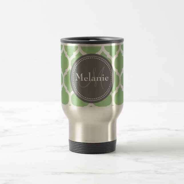 Mug De Voyage Monogramme Sage Green & Grey Quatrefoil (Centre)
