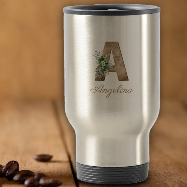 Mug De Voyage Monogramme Une lettre de bois fleur rouge (Créateur téléchargé)