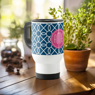 Mug De Voyage Monogrammes de Motif géométrique rose et bleu chau