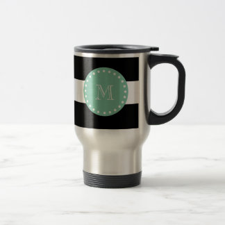 Mug De Voyage Motif à rayures noires, Monogramme vert à menthe