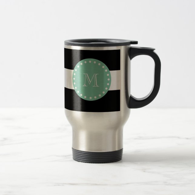 Mug De Voyage Motif à rayures noires, Monogramme vert à menthe (Droit)