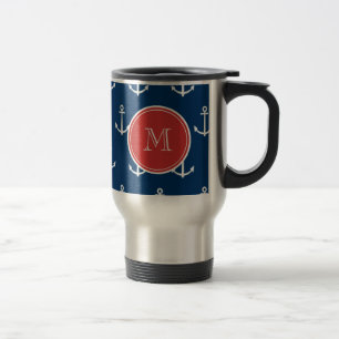 Mug De Voyage Motif blanc d'Ancres de bleu marine, monogramme