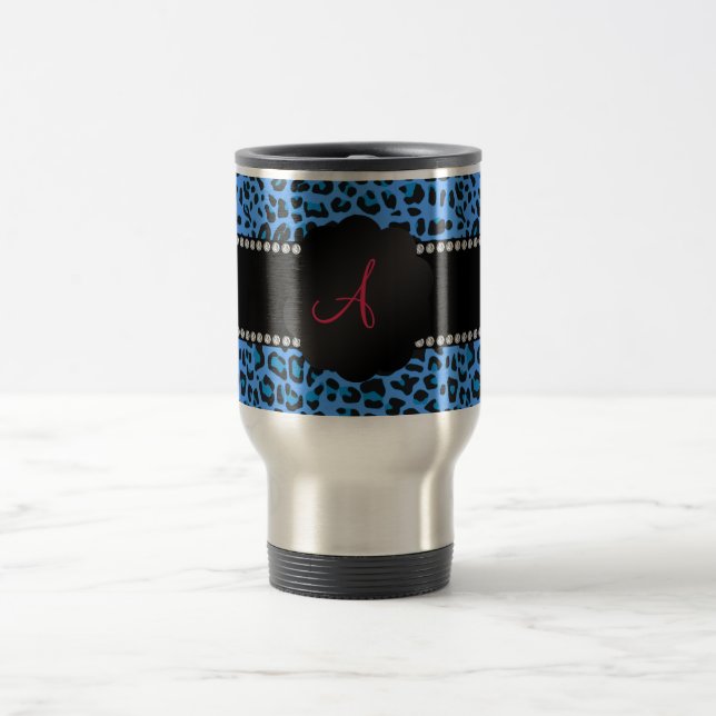 Mug De Voyage Motif bleu de léopard de monogramme (Centre)