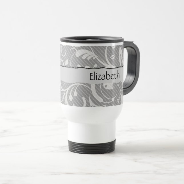 Mug De Voyage Motif Damas, Damas Gris, Votre Nom (Devant droit)