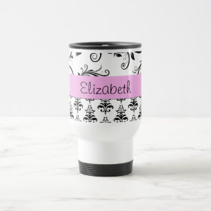 Mug De Voyage Motif Damas, Damas noir et blanc, Votre nom