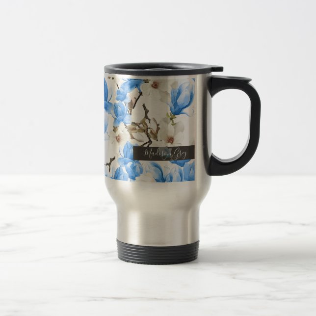 Mug De Voyage Motif d'aquarelle bleu et blanc Magnolia Blossom (Droit)