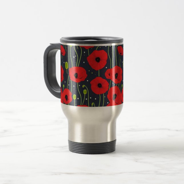 Mug De Voyage Motif d'art vibrant de coquelicots rouges modernes (Devant gauche)