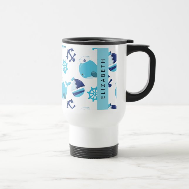Mug De Voyage Motif De Baleines, Baleines Bleues, Votre Nom (Droite)