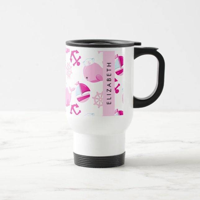 Mug De Voyage Motif De Baleines, Baleines Roses, Votre Nom (Droite)