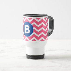 Mug De Voyage Motif de monogramme à chevrons rose vif et blanc