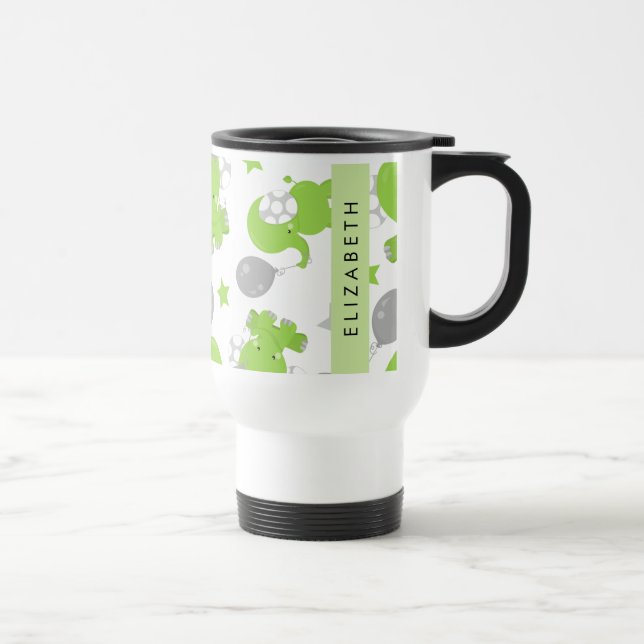 Mug De Voyage Motif Des Eléphants Verts, Étoiles, Votre Nom (Droite)