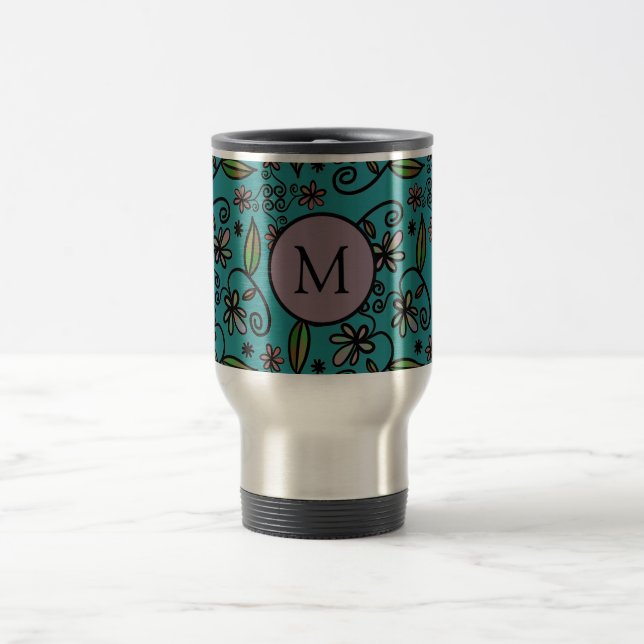 Mug De Voyage Motif floral sarcelle mignon monogramme (Centre)