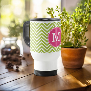 Mug De Voyage Motif rose et vert Chevron avec Monogramme