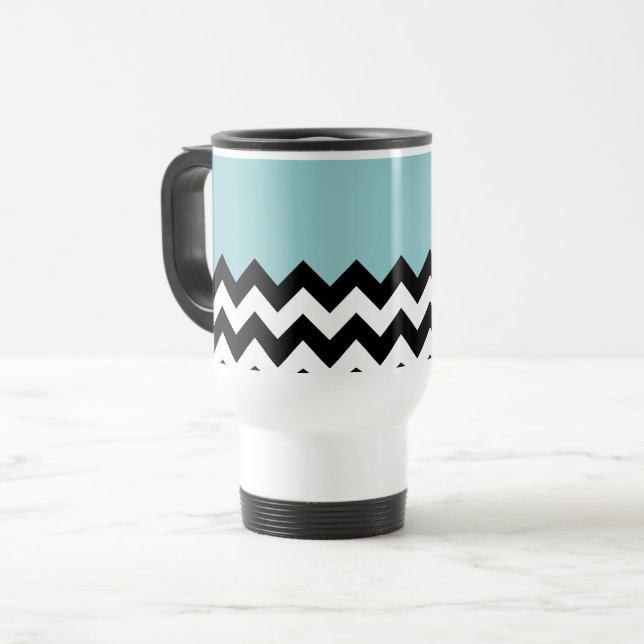 Mug De Voyage Motif Zigzag noir et blanc, Chevron, Bleu (Devant gauche)