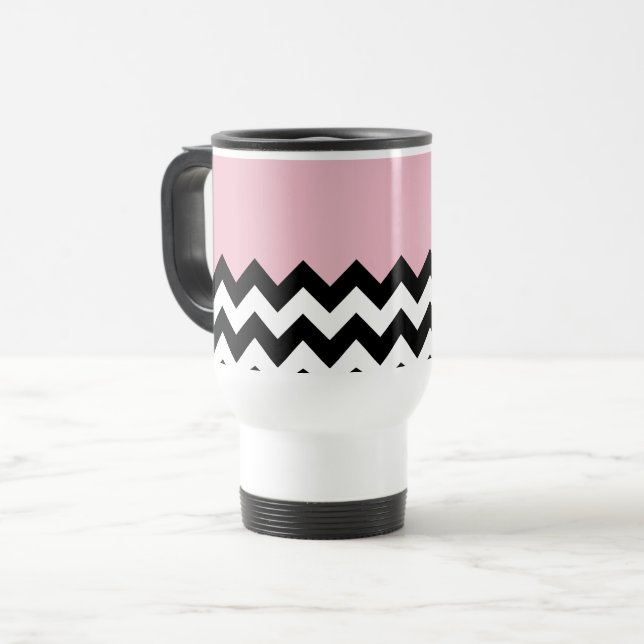 Mug De Voyage Motif Zigzag noir et blanc, Chevron, rose (Devant gauche)