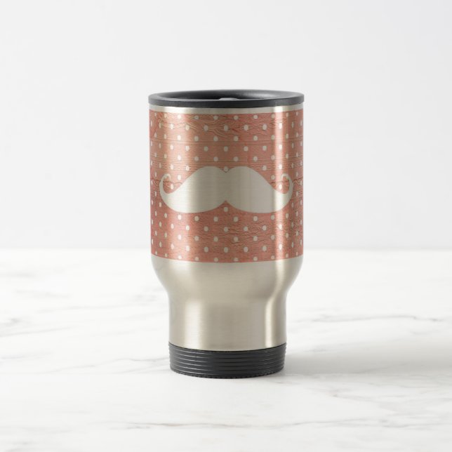 Mug De Voyage Moustache blanche drôle sur le motif de pois rose (Centre)