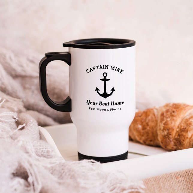 Mug De Voyage Nautique Black Custom Capitaine Nom du bateau (Créateur téléchargé)