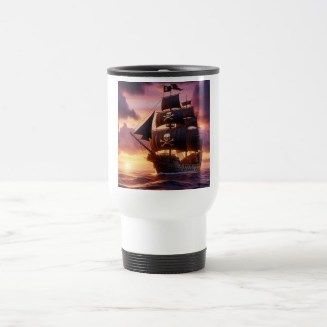 Mug De Voyage Navire pirate au lever/coucher du soleil (Centre)