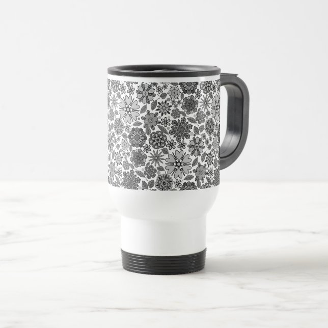Mug De Voyage Noir gris blanc rétro Art Floral Motif sans coutur (Devant droit)