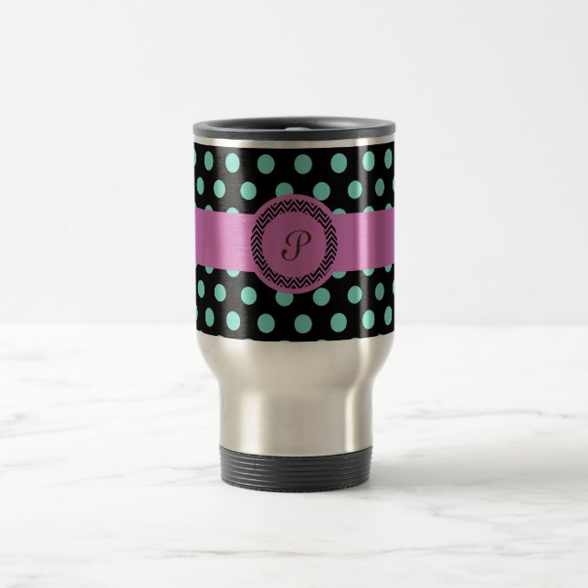 Mug De Voyage Noir vert rose de polkadot de monogramme (Centre)
