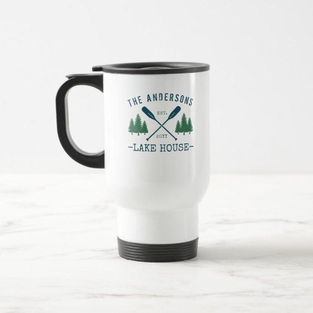 Mug De Voyage Nom de famille Lake House Oars rustiques Pine Tree (Gauche)