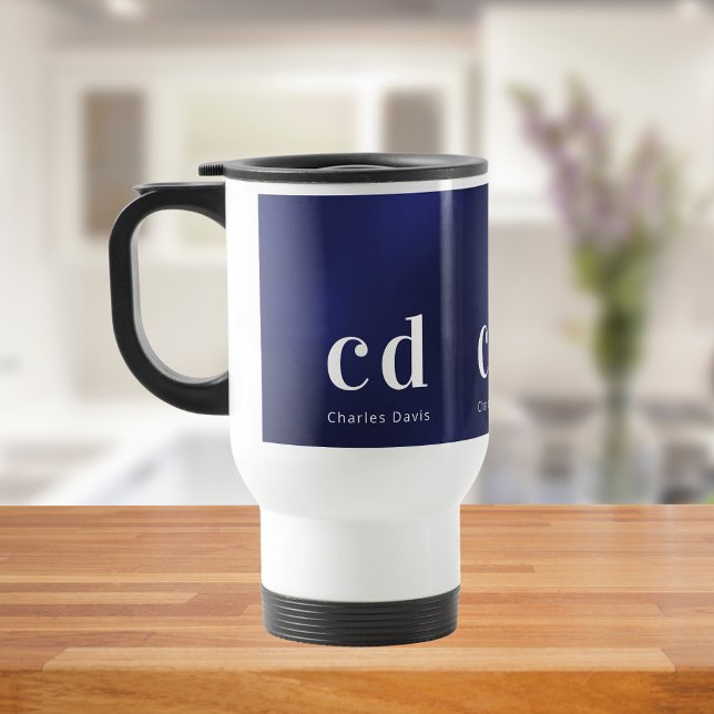 Mug De Voyage Nom des initiales du monogramme blanc bleu marine (Créateur téléchargé)