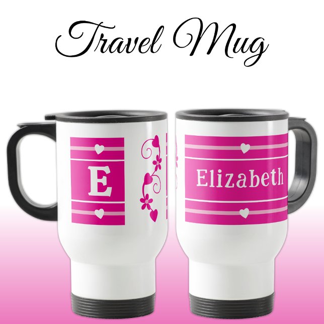 Mug De Voyage Nom initial personnalisé rose (Créateur téléchargé)