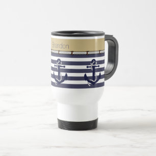 Mug De Voyage Nom personnalisé Ancres nautiques Motif de bandes