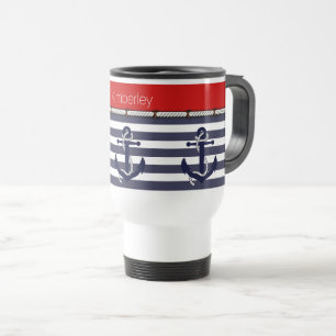 Mug De Voyage Nom personnalisé Ancres nautiques Motif de bandes