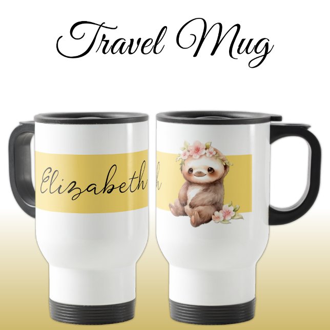 Mug De Voyage Nom personnalisé mignon paresse noir jaune (Créateur téléchargé)