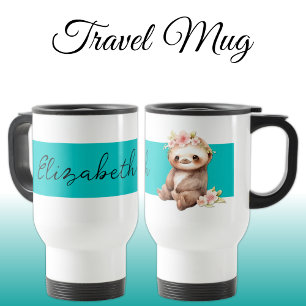 Mug De Voyage Nom personnalisé mignon paresseux noir turquoise