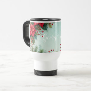 Mug De Voyage Nom personnalisé Noël Floral Aquarelle Poinsettia