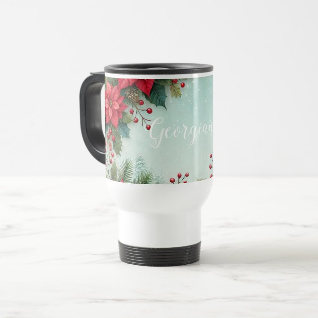 Mug De Voyage Nom personnalisé Noël Floral Aquarelle Poinsettia (Devant gauche)