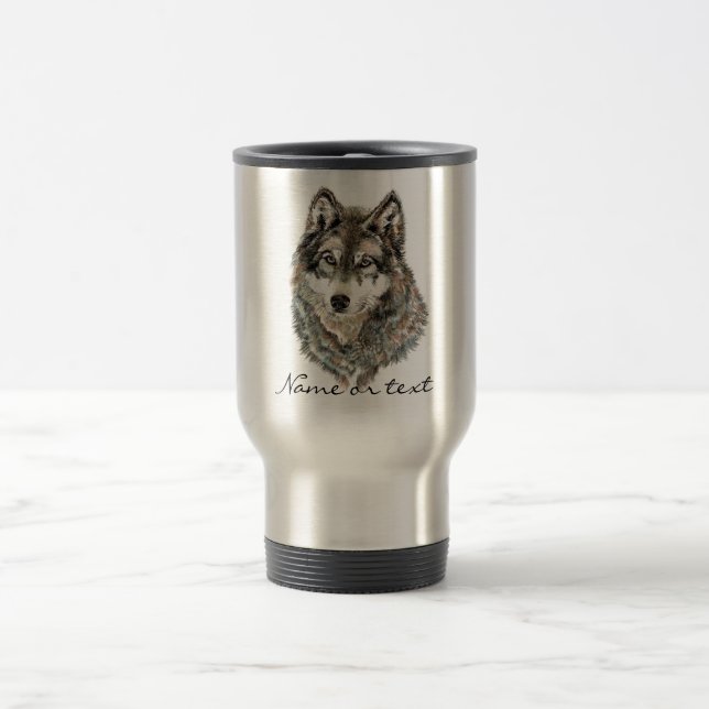 Mug De Voyage Nom personnalisé ou texte Loup aquarelle animal (Centre)