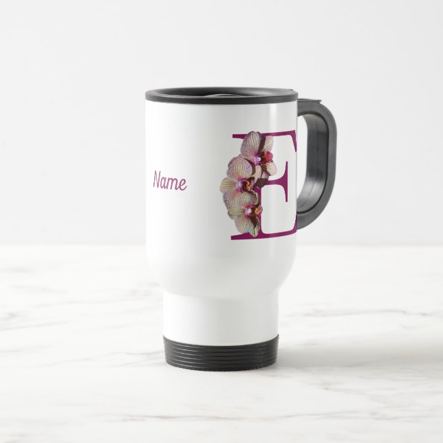 Mug De Voyage Orchidée Élégant Monogramme E Nom initial  (Devant droit)