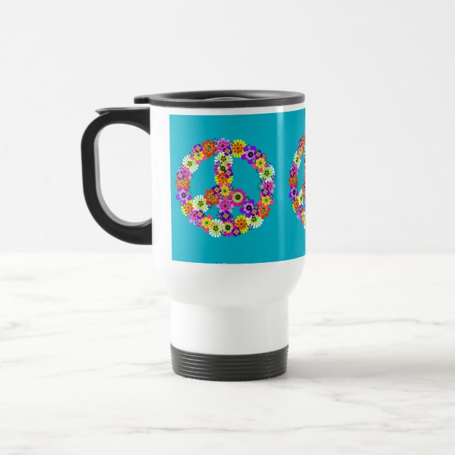 Mug De Voyage Panneau de paix Floral sur Turquoise (Gauche)
